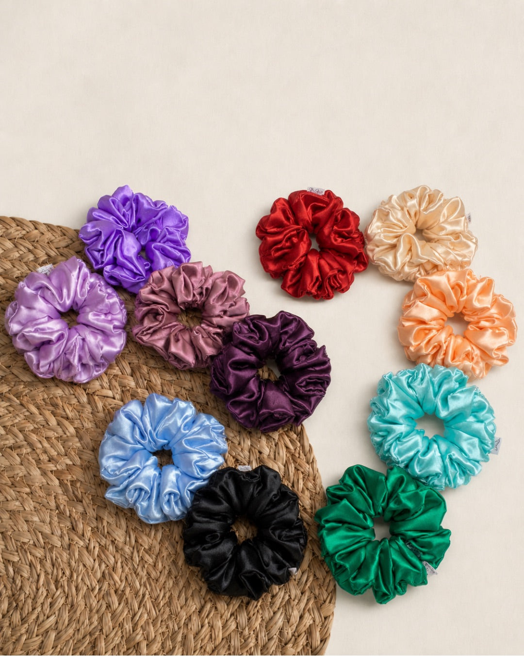 Korean satin scrunchie set for women in pastel and solid colors