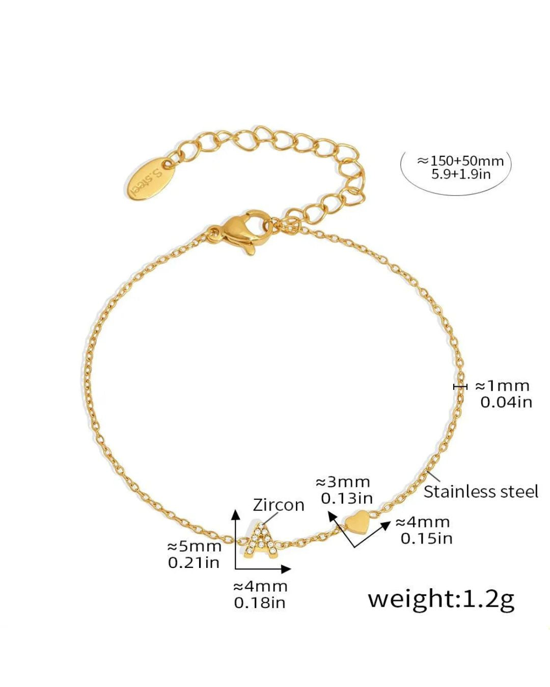 Waterproof gold letter bracelet size guide